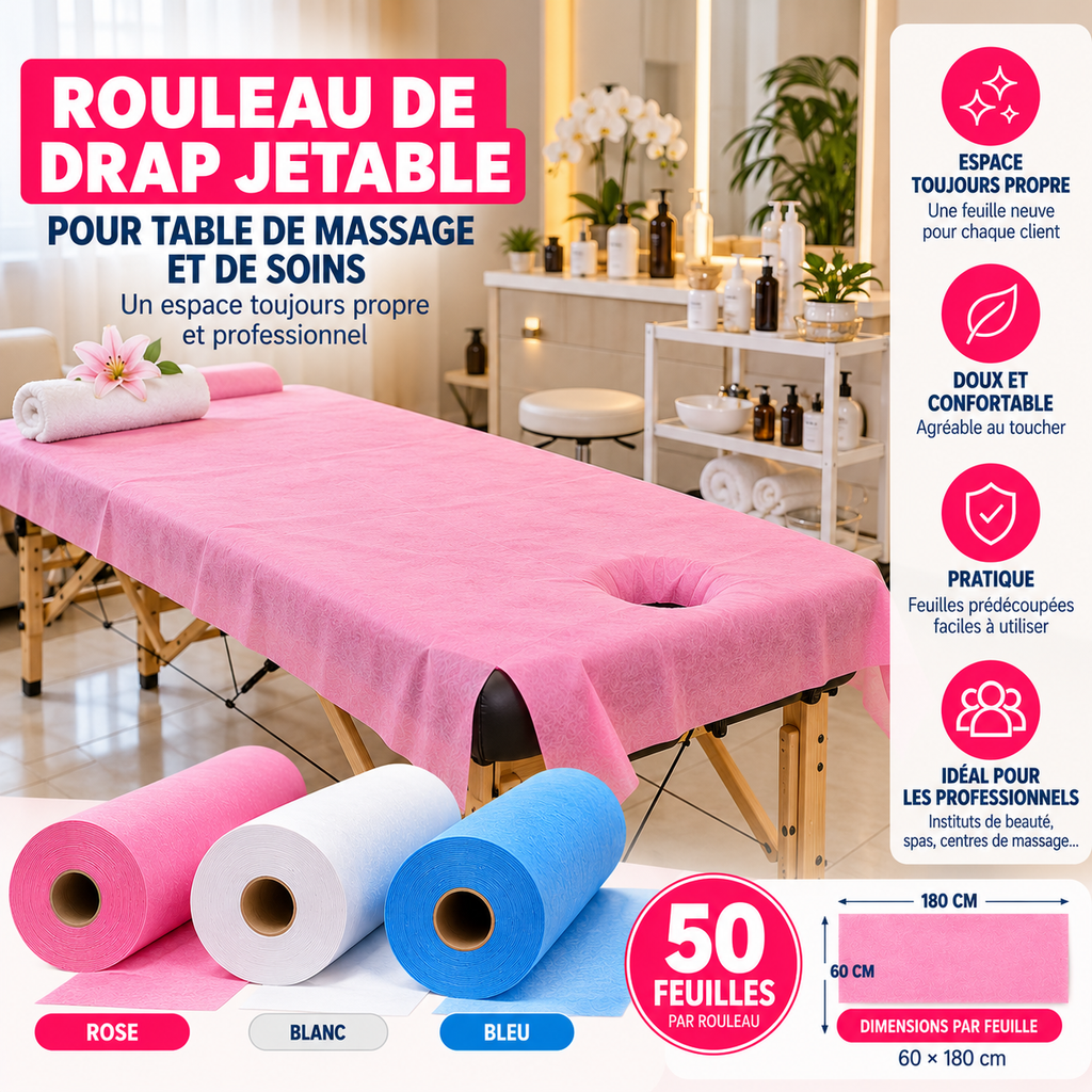 Rouleau Drap Jetable Table de Massage 50 Feuilles 60 x 180 cm - Rose Blanc Bleu