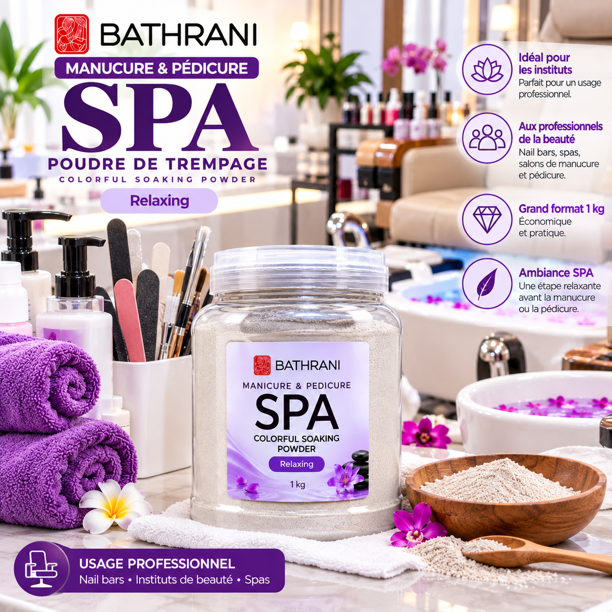BATHRANI Poudre de Trempage SPA Manucure & Pédicure Relaxing – 1 kg