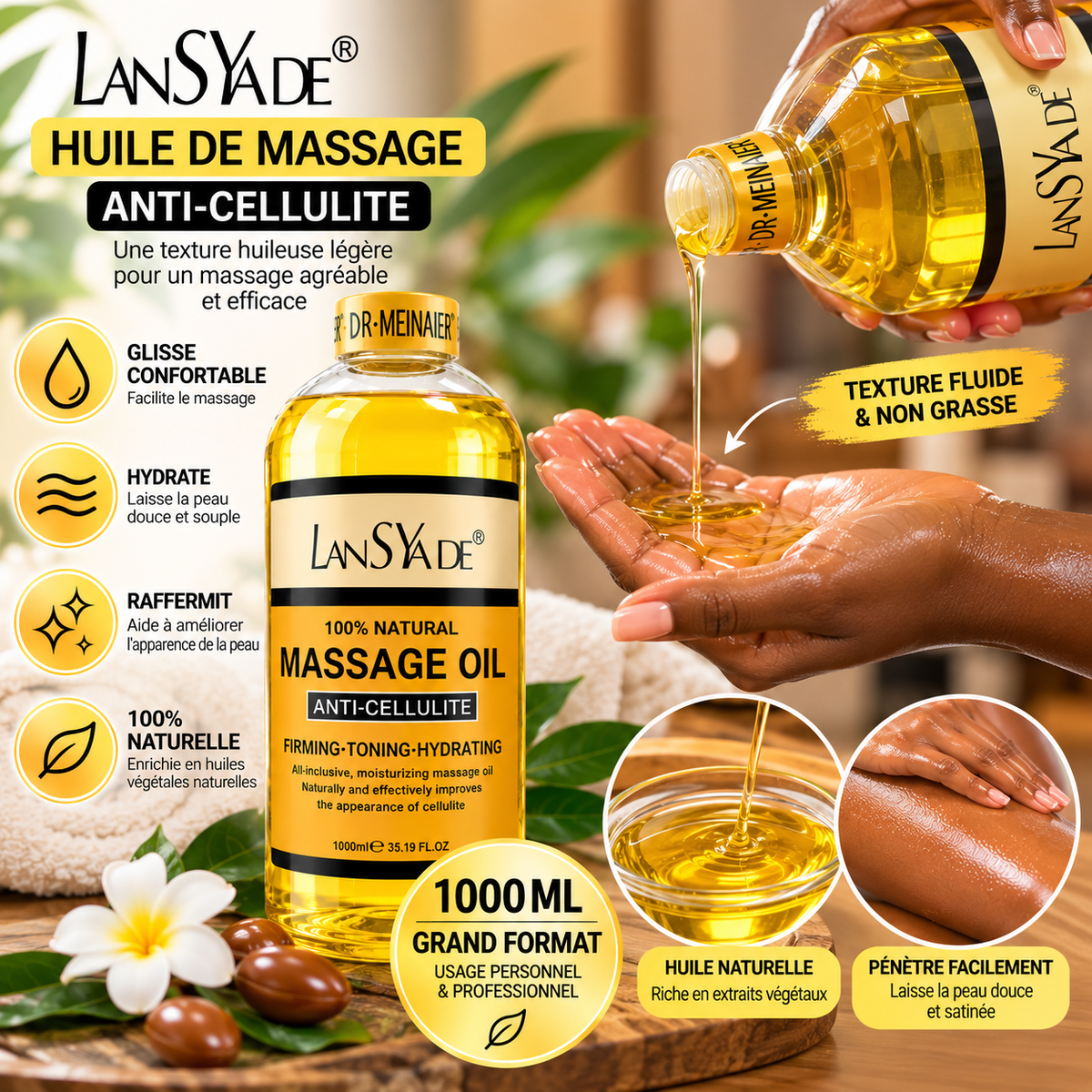 LANSYADE Huile de Massage Corps Anti-Cellulite 1000 ml – Raffermissante & Hydratante