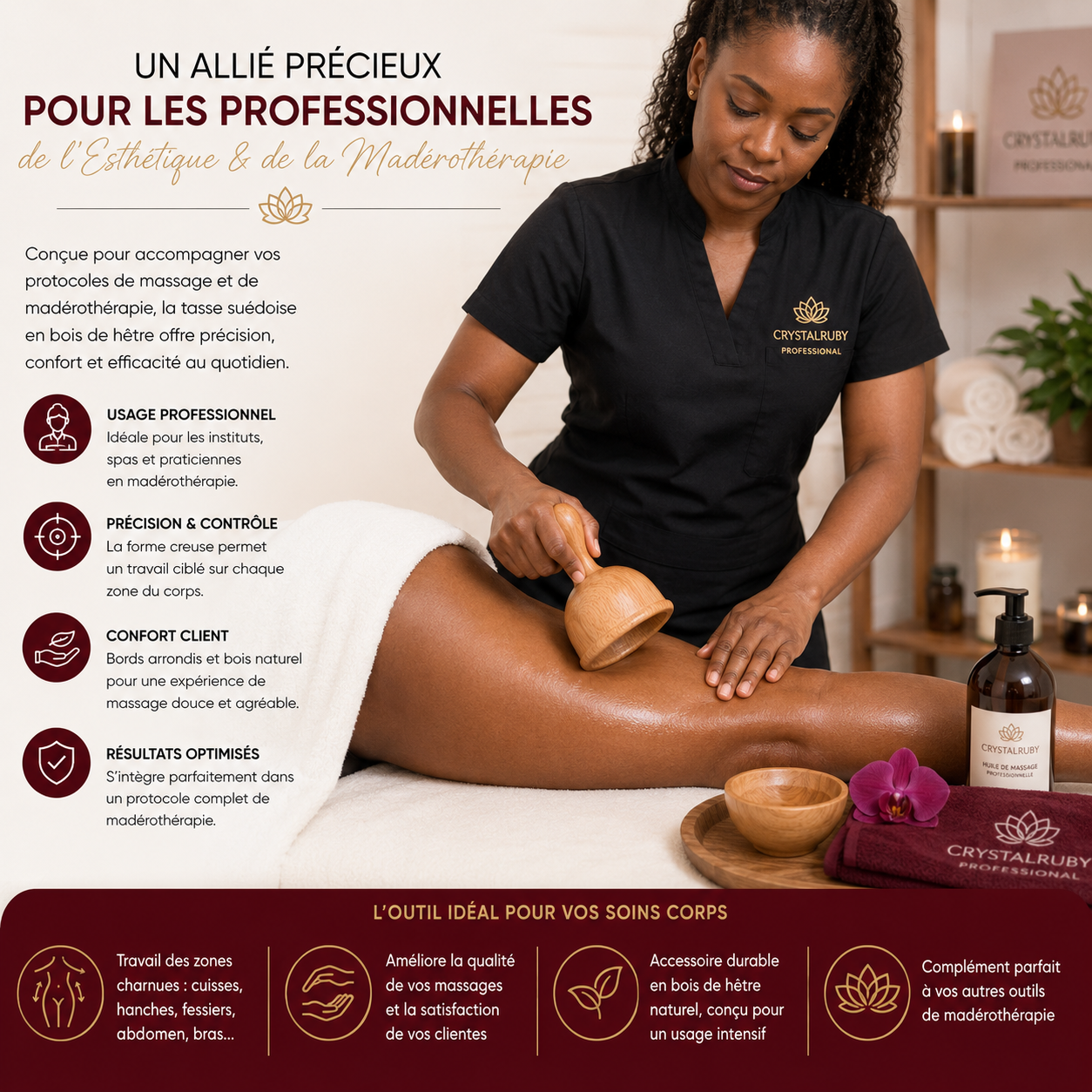 Tasse de Massage Suédoise en Bois de Hêtre – Madérothérapie Corps