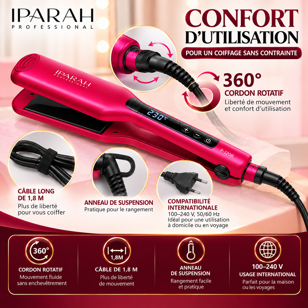 IPARAH P-120R – Lisseur Professionnel à Plaques Extra-Larges 62 mm en Céramique – Écran Digital – Rose Fuchsia