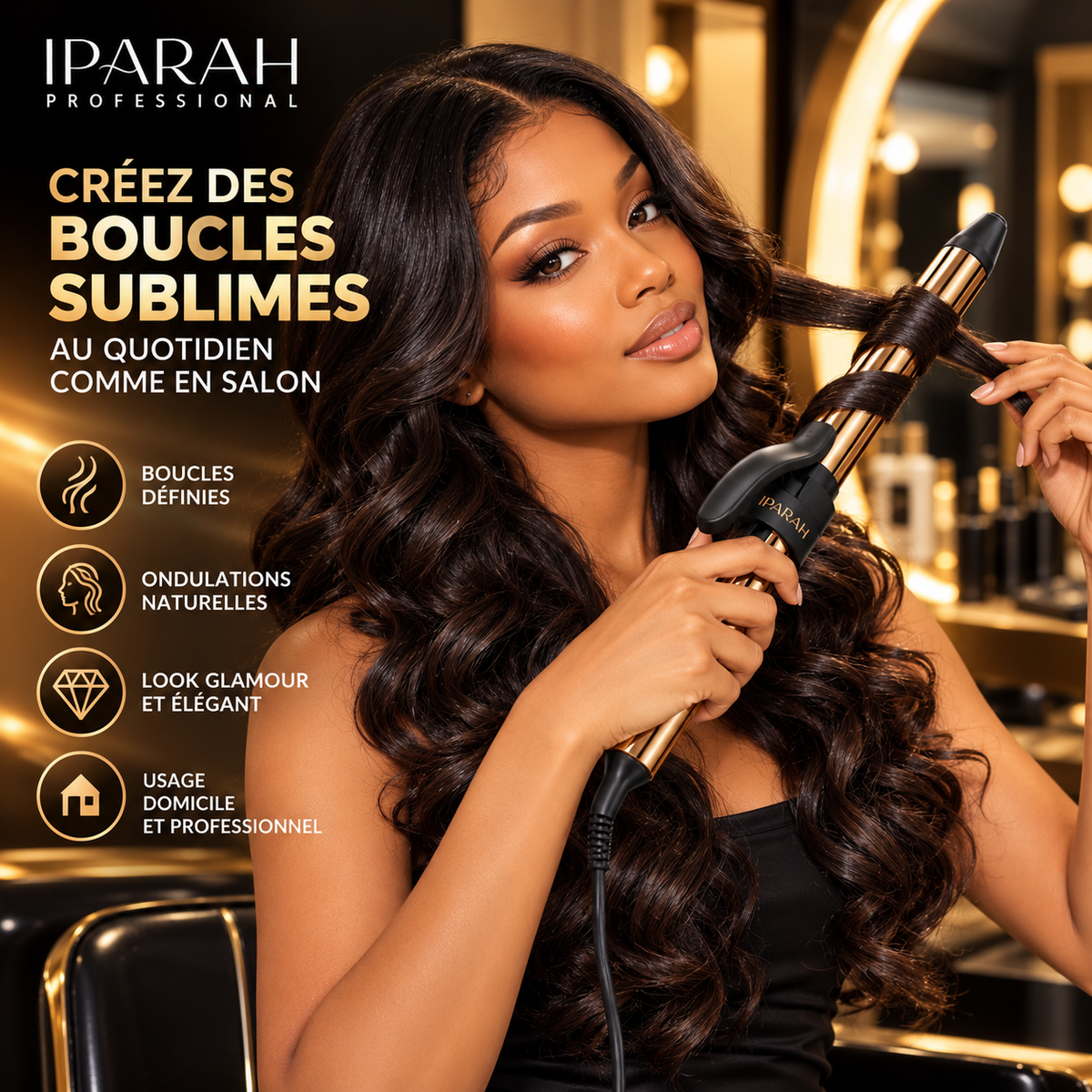 IPARAH P-210B – Fer à Boucler Professionnel 25 mm Ionique – Revêtement Céramique, Double Chauffe PTC, 65 W, Température Réglable 80–230 °C – Noir & Or