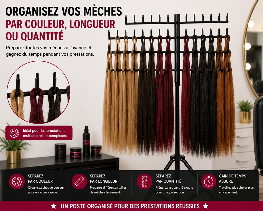 Support Professionnel Réglable pour Tresses et Extensions de Cheveux – Organisateur 60 Emplacements sur Trépied