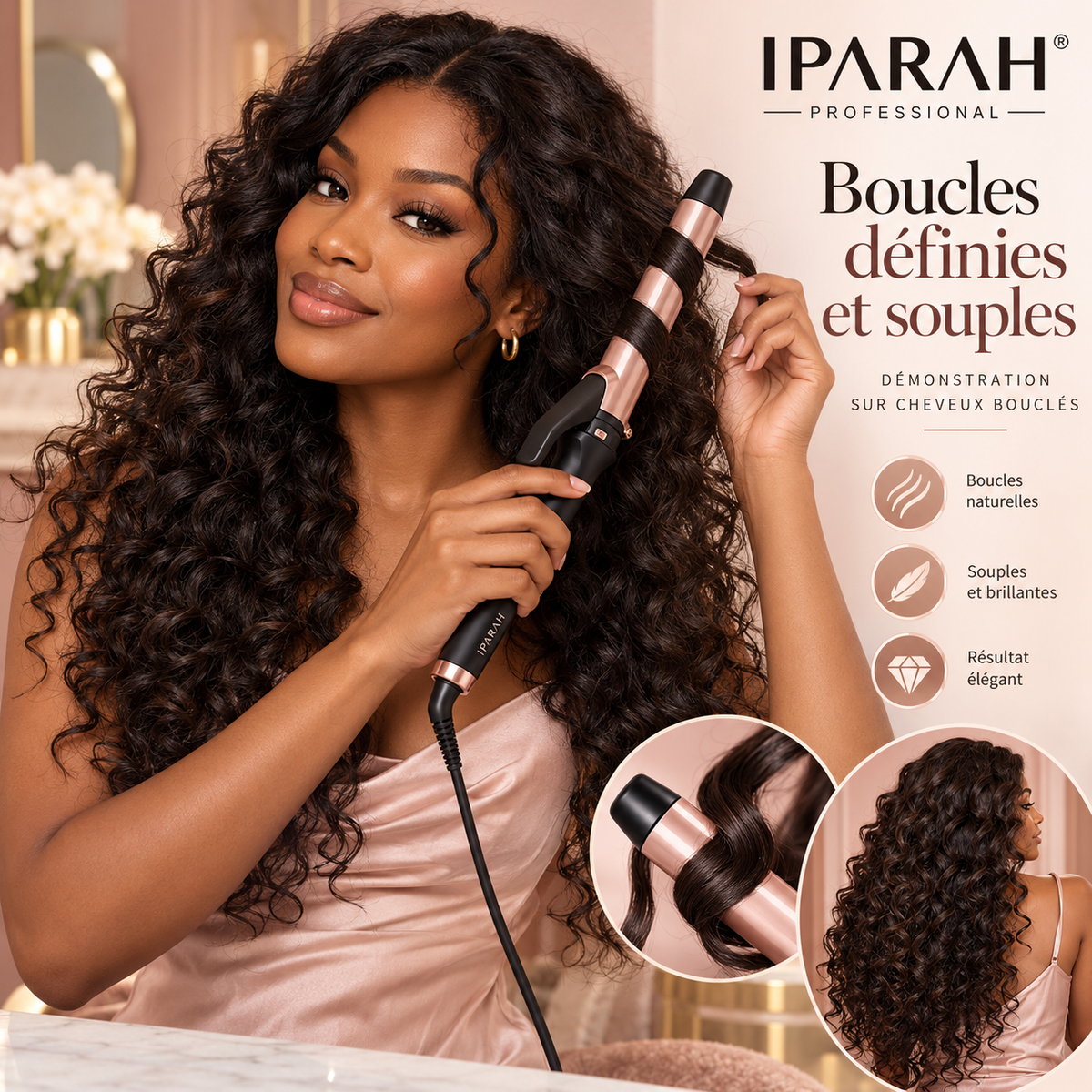 IPARAH P-201 – Fer à Boucler Professionnel Ionique 25 mm – Boucleur en Céramique, Chauffe Rapide PTC, 3 Températures Réglables – Rose Gold & Noir