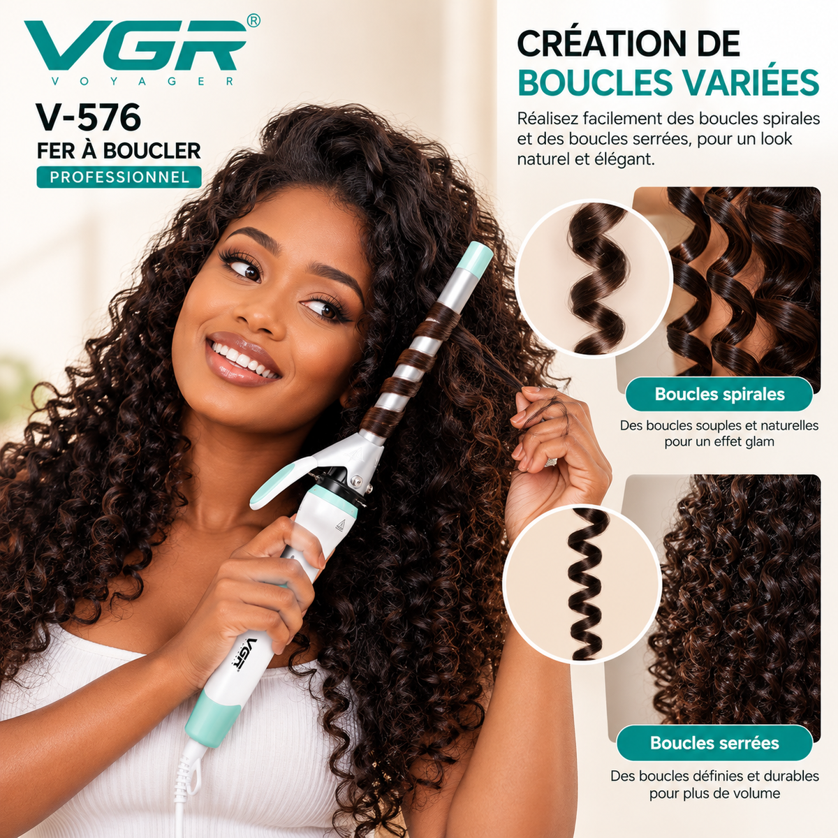 VGR V-576 – Fer À Boucler Professionnel Céramique 10 mm, Boucles Serrées Et Définies, Chauffe Rapide PTC, 2 Températures Jusqu'à 220 °C – Blanc