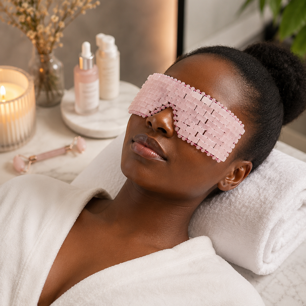 Masque Relaxant pour les Yeux en Pierres Roses Effet Quartz – Fraîcheur Réutilisable, 2 Formats