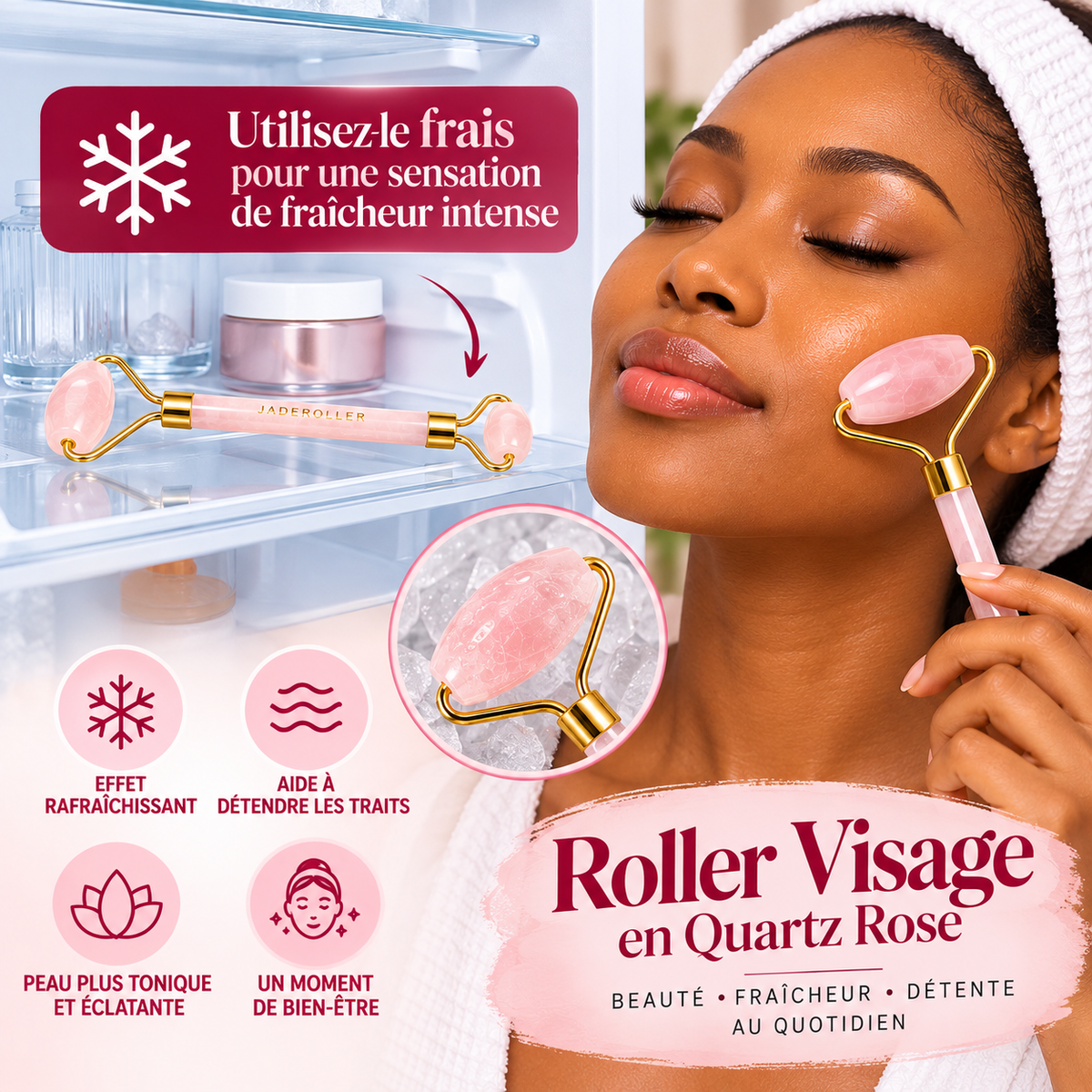Roller Visage Double Embout en Quartz Rose – Rouleau de Massage Facial