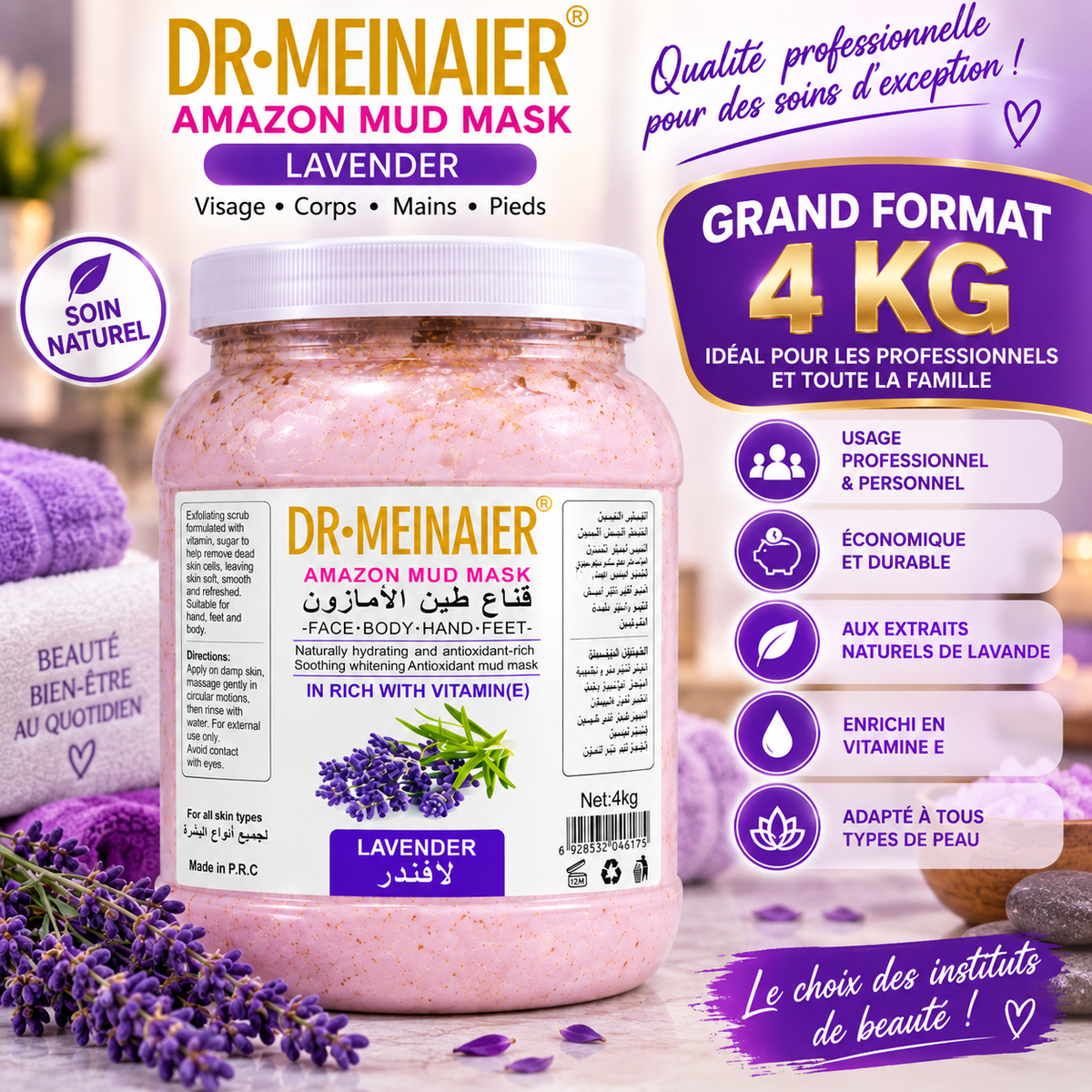DR.MEINAIER Amazon Mud Mask Lavande & Vitamine E 4 kg – Masque Visage, Corps, Mains & Pieds