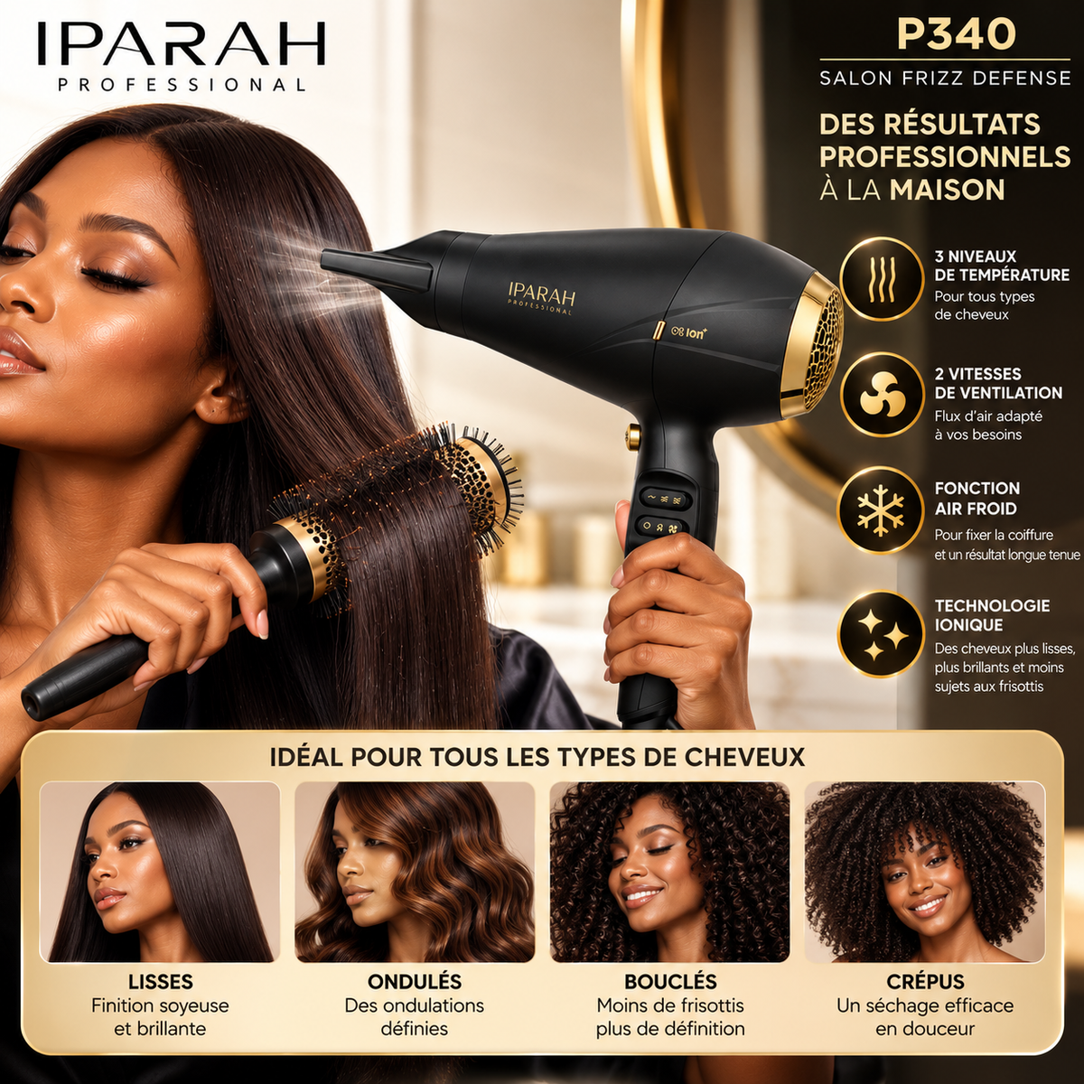 Sèche-Cheveux Professionnel IPARAH P340 – 2400W, Moteur AC, Ionique, 2 Vitesses, 3 Températures & Air Froid
