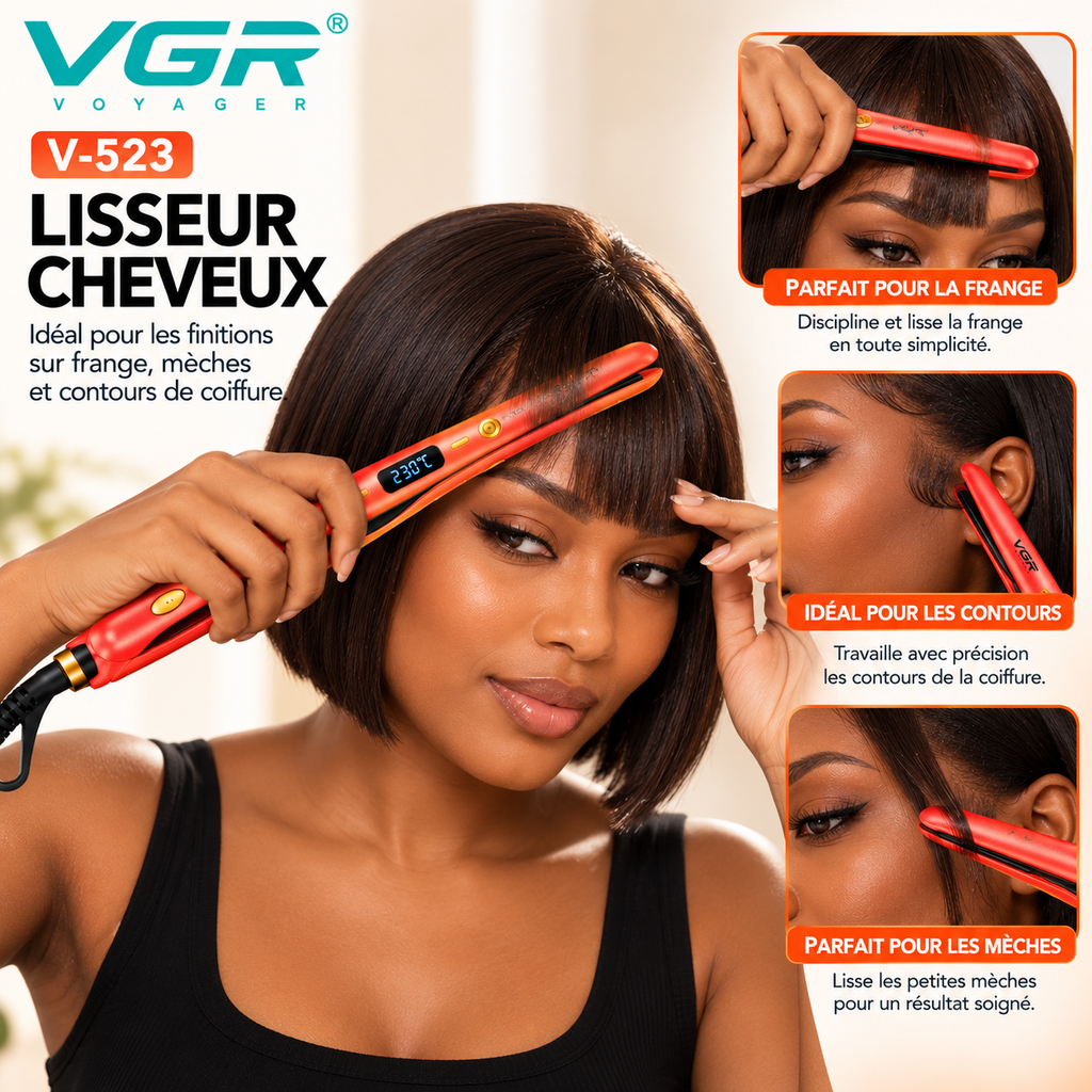 VGR V-523 – Lisseur Professionnel Céramique à Plaques Fines 9 mm, Température Réglable 120–230 °C, Écran LED – Rose Gold