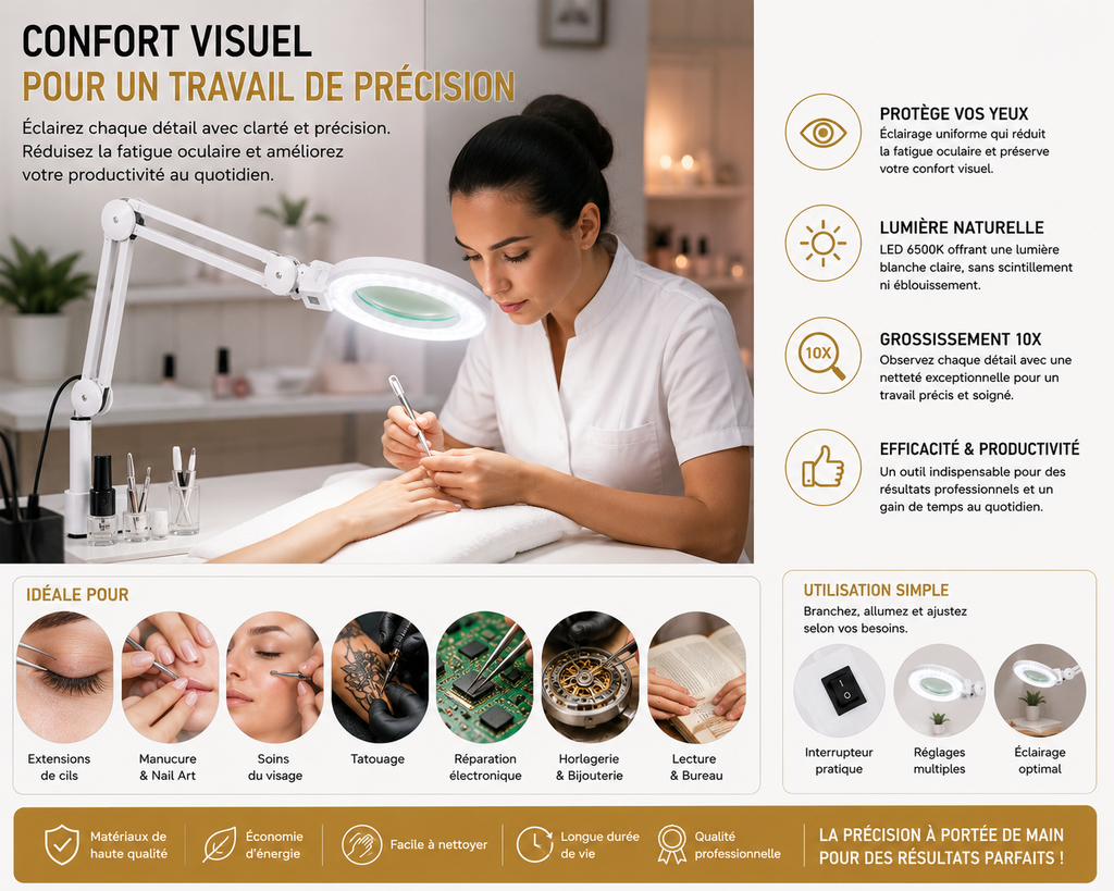 Lampe Loupe LED Professionnelle sur Pied à Roulettes – Grossissement jusqu’à 10X pour Esthétique et Soins
