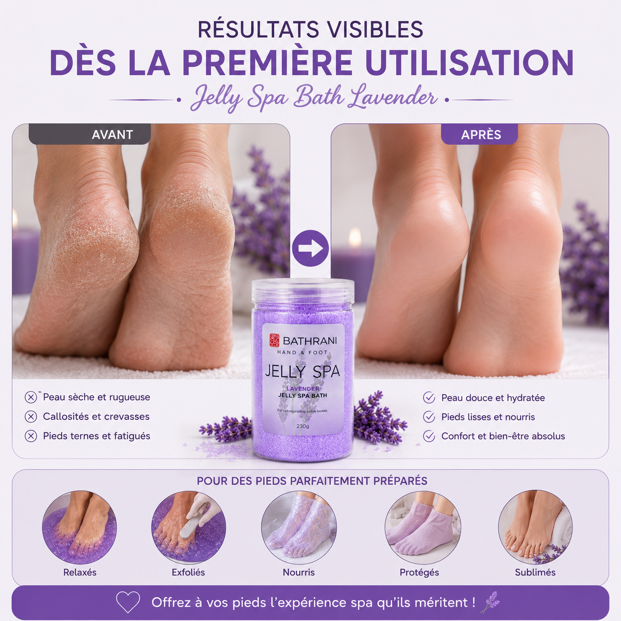 Bathrani Jelly Spa Bath Lavender – Bain de Pieds En Gelée À La Lavande 230 g