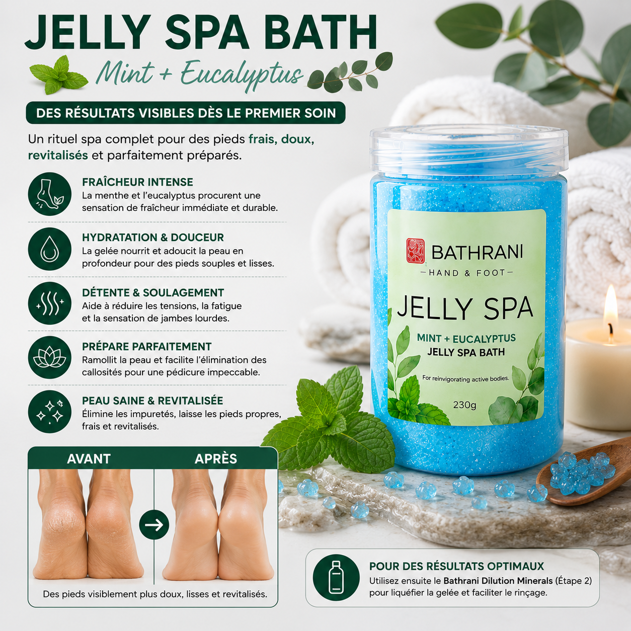 Bathrani Jelly Spa Bath – Mint + Eucalyptus | Bain de Pieds En Gelée Rafraîchissant 230 g