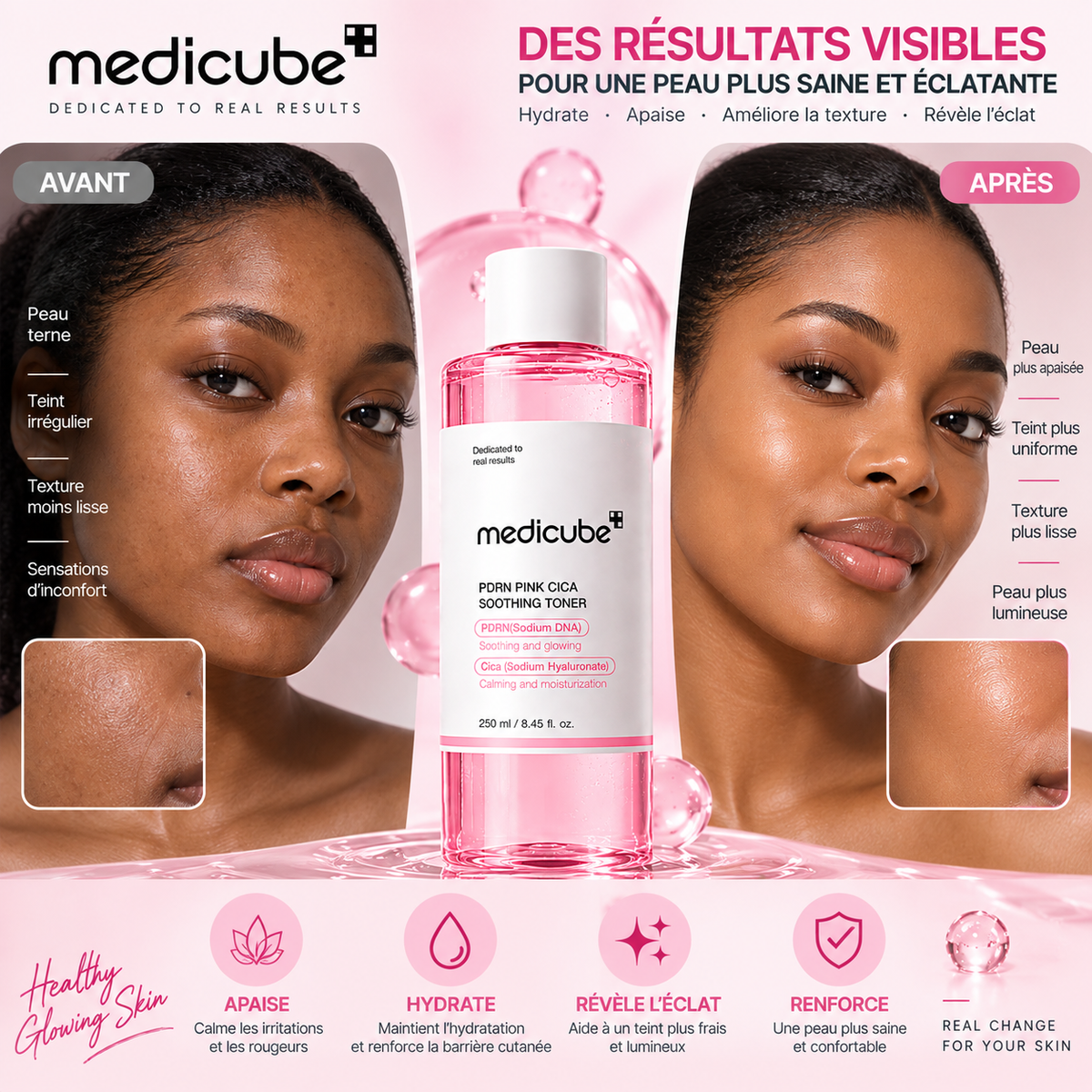 Medicube PDRN Pink Cica Soothing Toner – Tonique Apaisant, Hydratant & Éclat – 250 ml