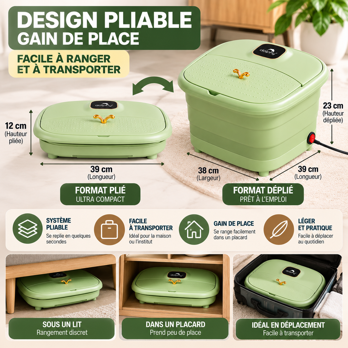 Bain de Pieds Électrique Pliable 10L – Spa Chauffant 500W avec Bulles et Rouleaux de Massage – Vert Sauge