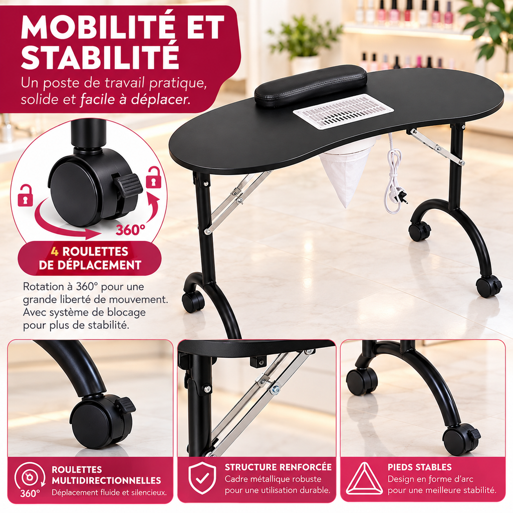 Table De Manucure Professionnelle Pliante Avec Aspirateur À Ongles Intégré, Repose-Mains, Roulettes Et Sac De Transport