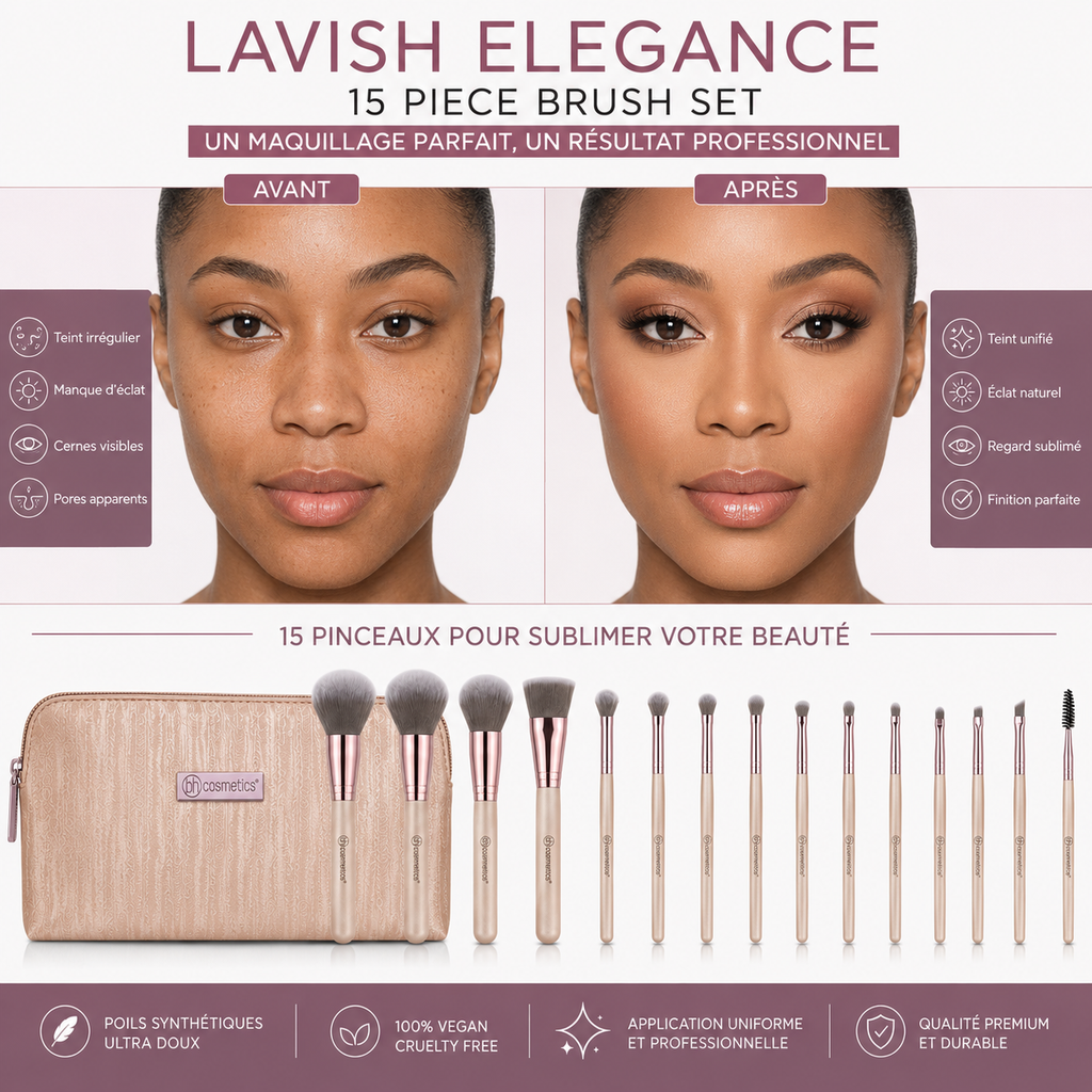 BH Cosmetics Lavish Elegance – Set de 15 Pinceaux Maquillage avec Trousse