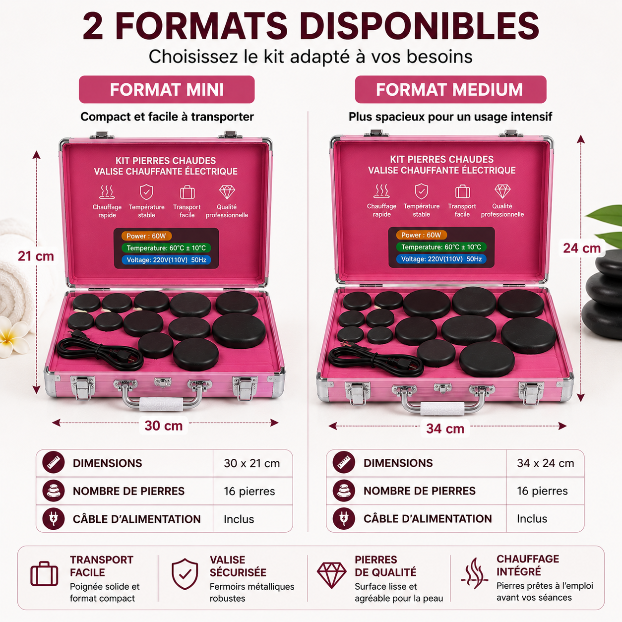 Kit de 16 Pierres Chaudes avec Valise Chauffante Électrique – Massage Spa