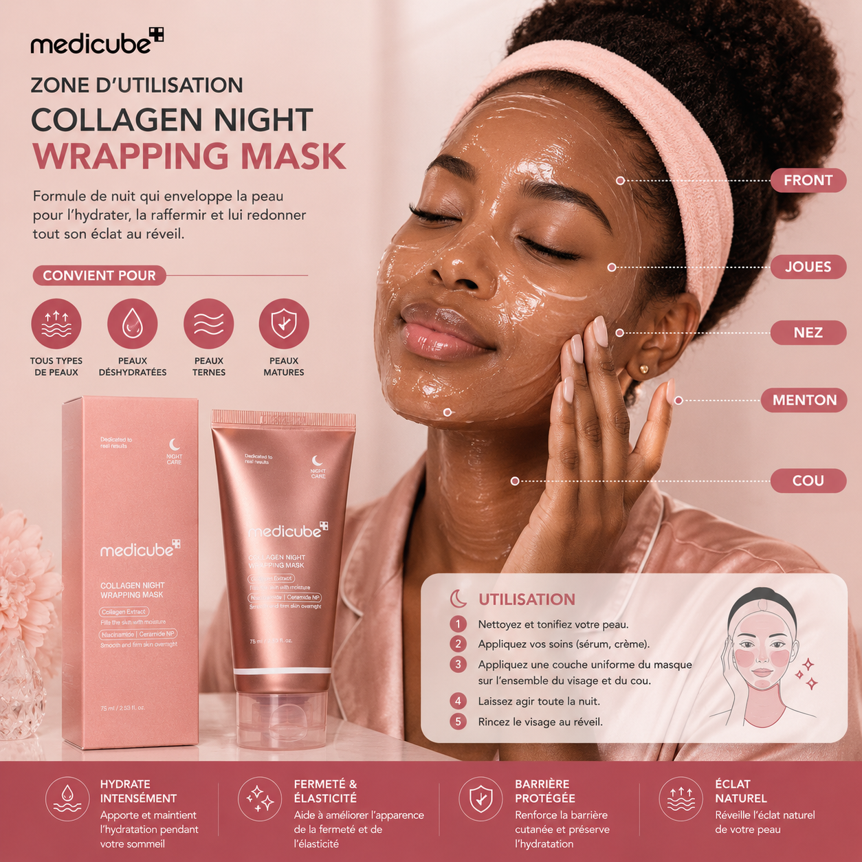 Medicube Collagen Night Wrapping Mask – Masque De Nuit Au Collagène Pour Une Peau Ferme, Hydratée Et Lumineuse – 75 ml