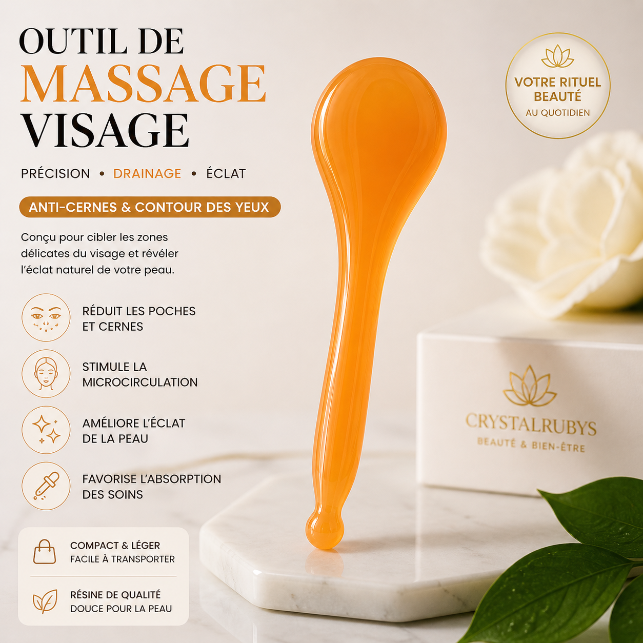 Outil de Massage Visage Précision en Résine – Anti-Cernes & Drainage Ciblé (Contour des Yeux & Visage)