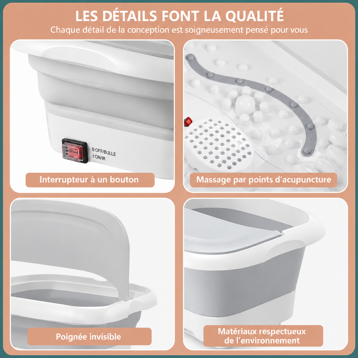 Bain de Pied Pliable Multifonction Chauffant – Massage & Relaxation SPA à Domicile (Rose / Gris)