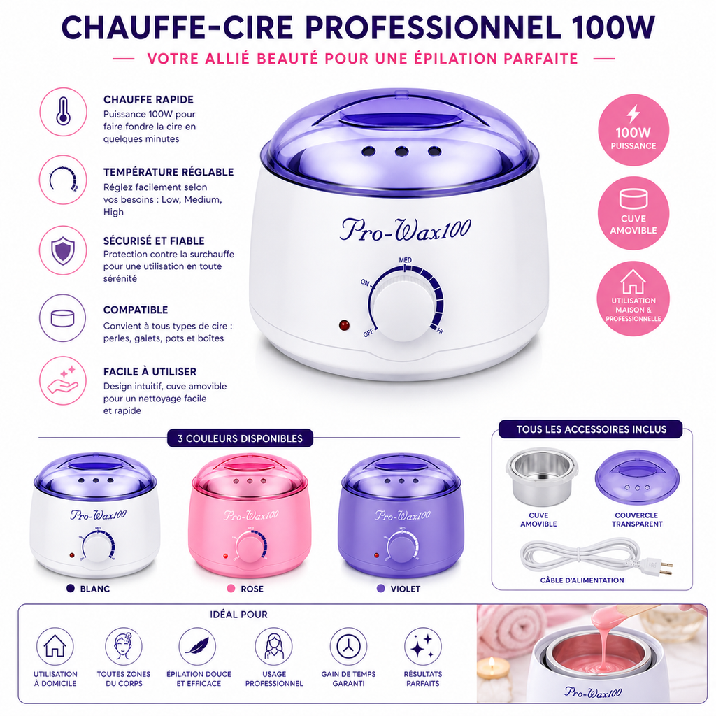 Chauffe-Cire Professionnel 100W – Pot Épilatoire Électrique (Blanc, Rose, Bleu)