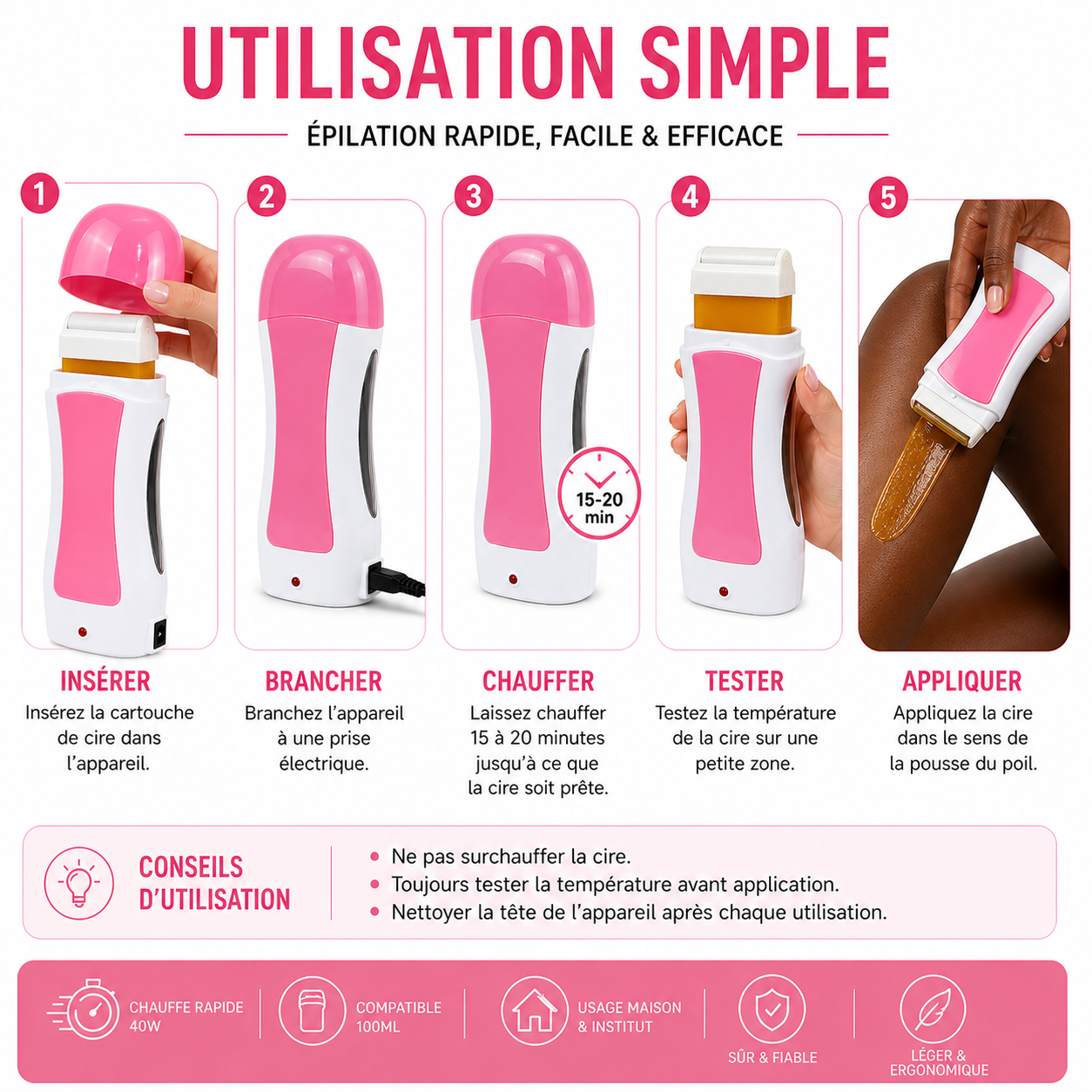 Chauffe Cartouche Cire Électrique 40W – Appareil Épilation Roll-On Professionnel 100ml (Rose)