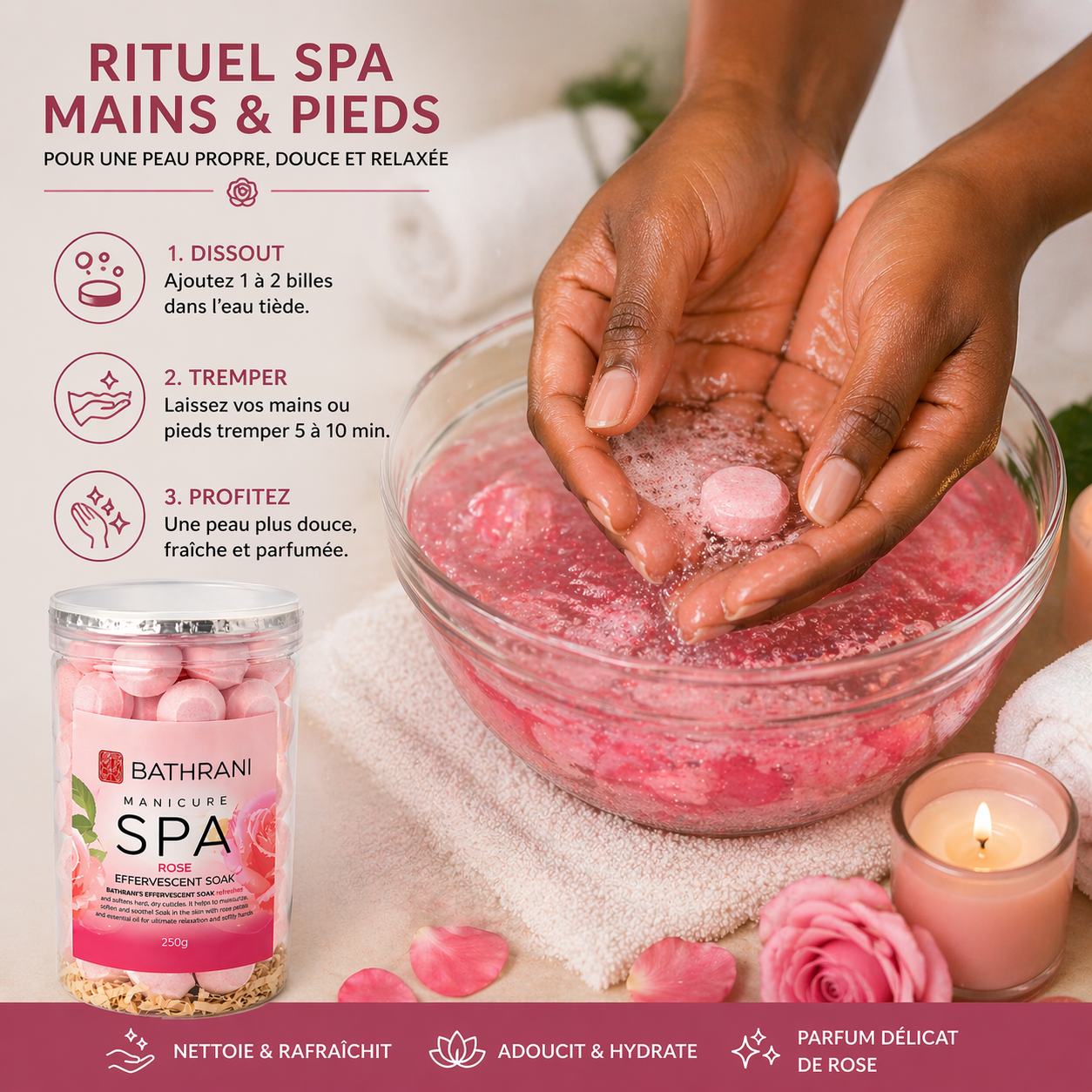 Billes Effervescentes Spa Rose 250g – Bain Mains & Pieds Hydratant & Relaxant