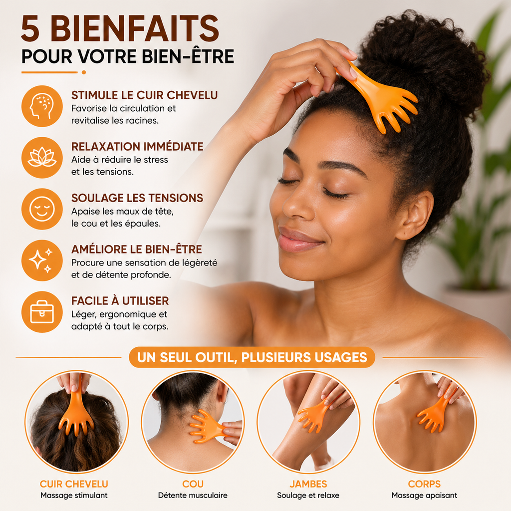 Masseur Cuir Chevelu Gua Sha 5 Griffes – Ohio Eur - Relaxation & Stimulation – Massage Tête, Cou & Corps
