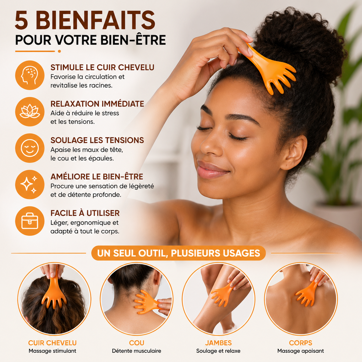 Masseur Cuir Chevelu Gua Sha 5 Griffes – Ohio Eur - Relaxation & Stimulation – Massage Tête, Cou & Corps