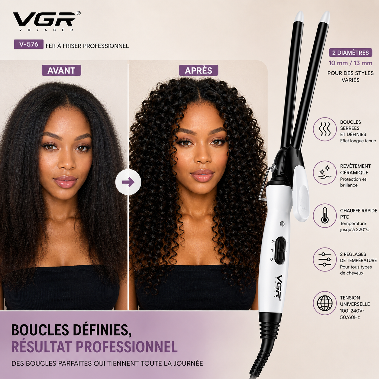 Fer à Friser & Boucler Professionnel VGR V-576 – Boucles Serrées Définies & Effet Wavy Longue Tenue