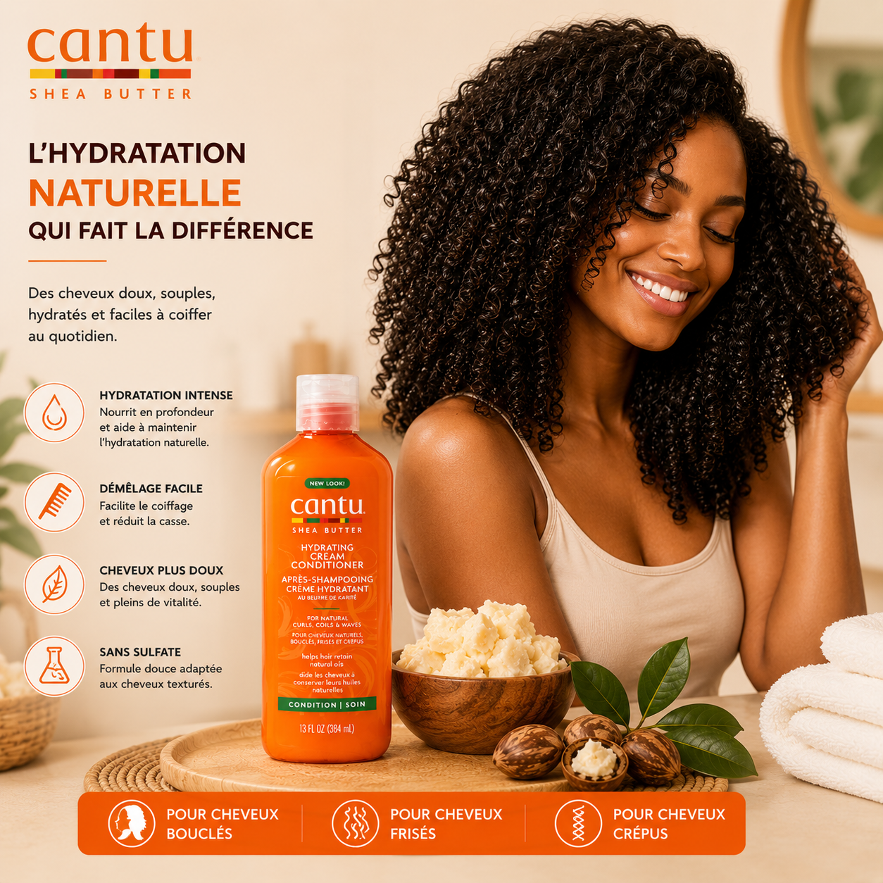 Cantu Shea Butter Hydrating Cream Conditioner – Après-Shampooing Hydratant Sans Sulfate Pour Cheveux Bouclés, Frisés & Crépus