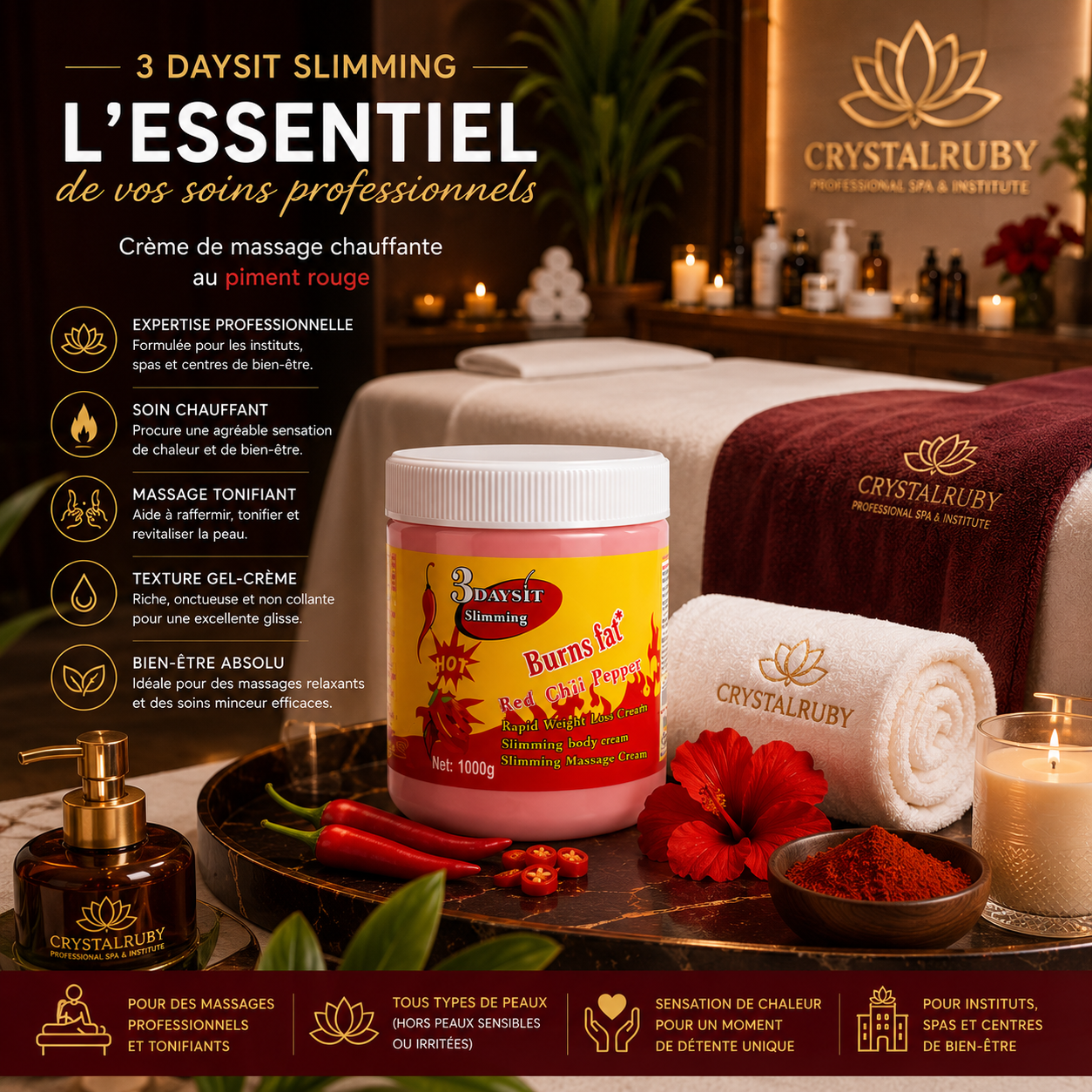 3 Daysit Slimming Burns Fat – Crème De Massage Chauffante Au Piment Rouge 1000 g