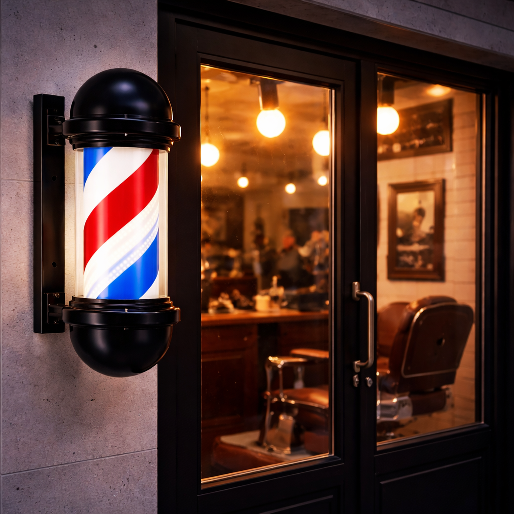 Mini Barber Pole Lumineux LED Rotatif – Enseigne Murale Compacte pour Salon de Coiffure & Barbier