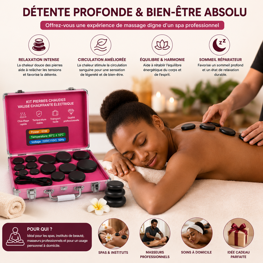 Kit de 16 Pierres Chaudes avec Valise Chauffante Électrique – Massage Spa