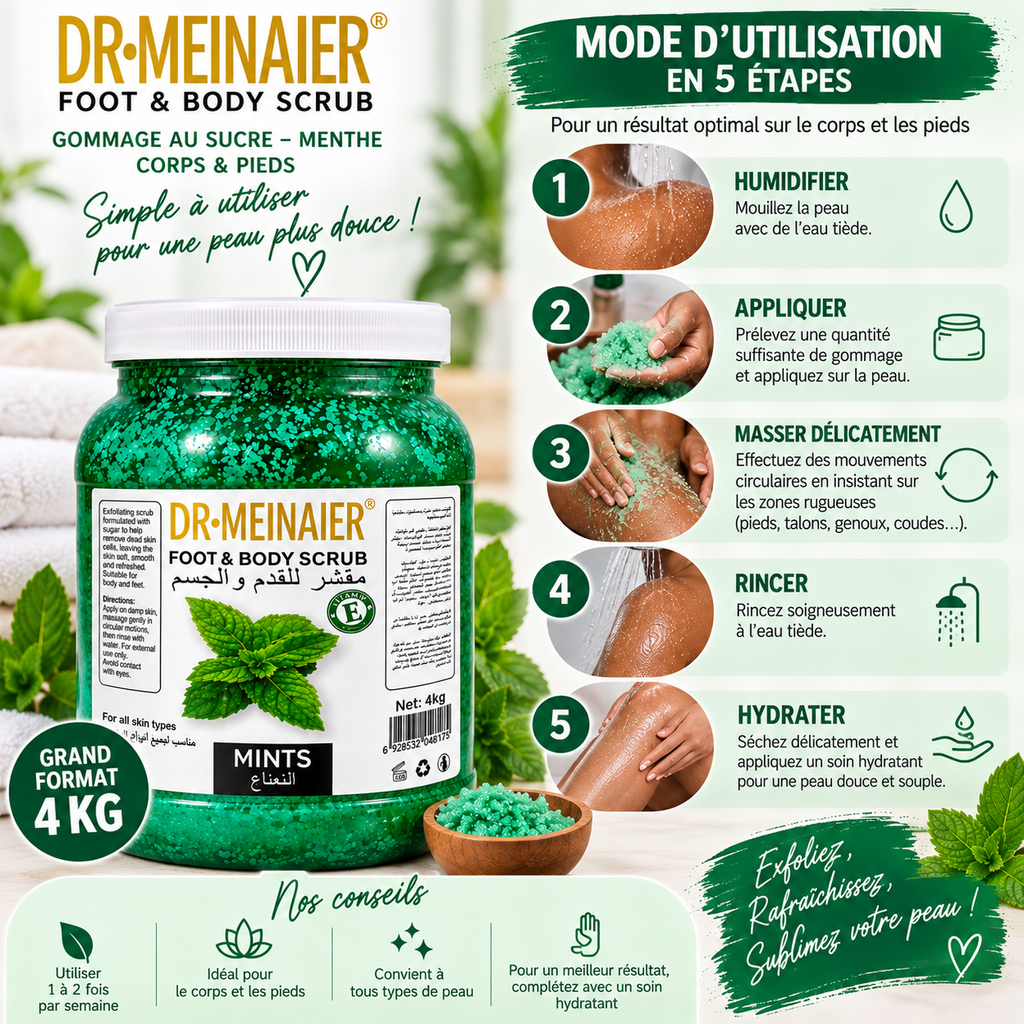 DR.MEINAIER Gommage Corps & Pieds au Sucre Menthe 4 kg – Foot & Body Scrub Professionnel