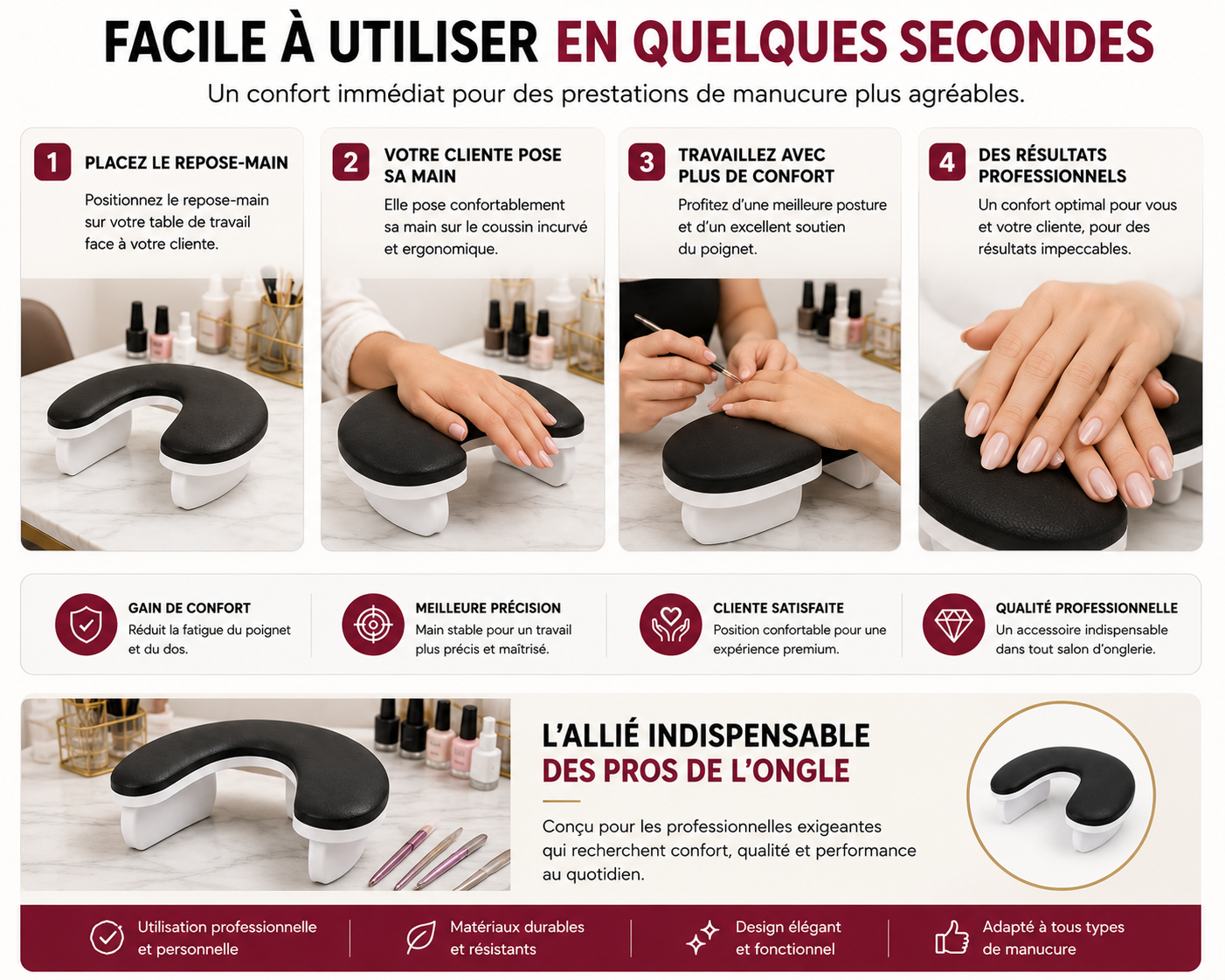 Repose-Main Ergonomique Professionnel pour Manucure – Support Confort Nail Art (4 Coloris Disponibles)
