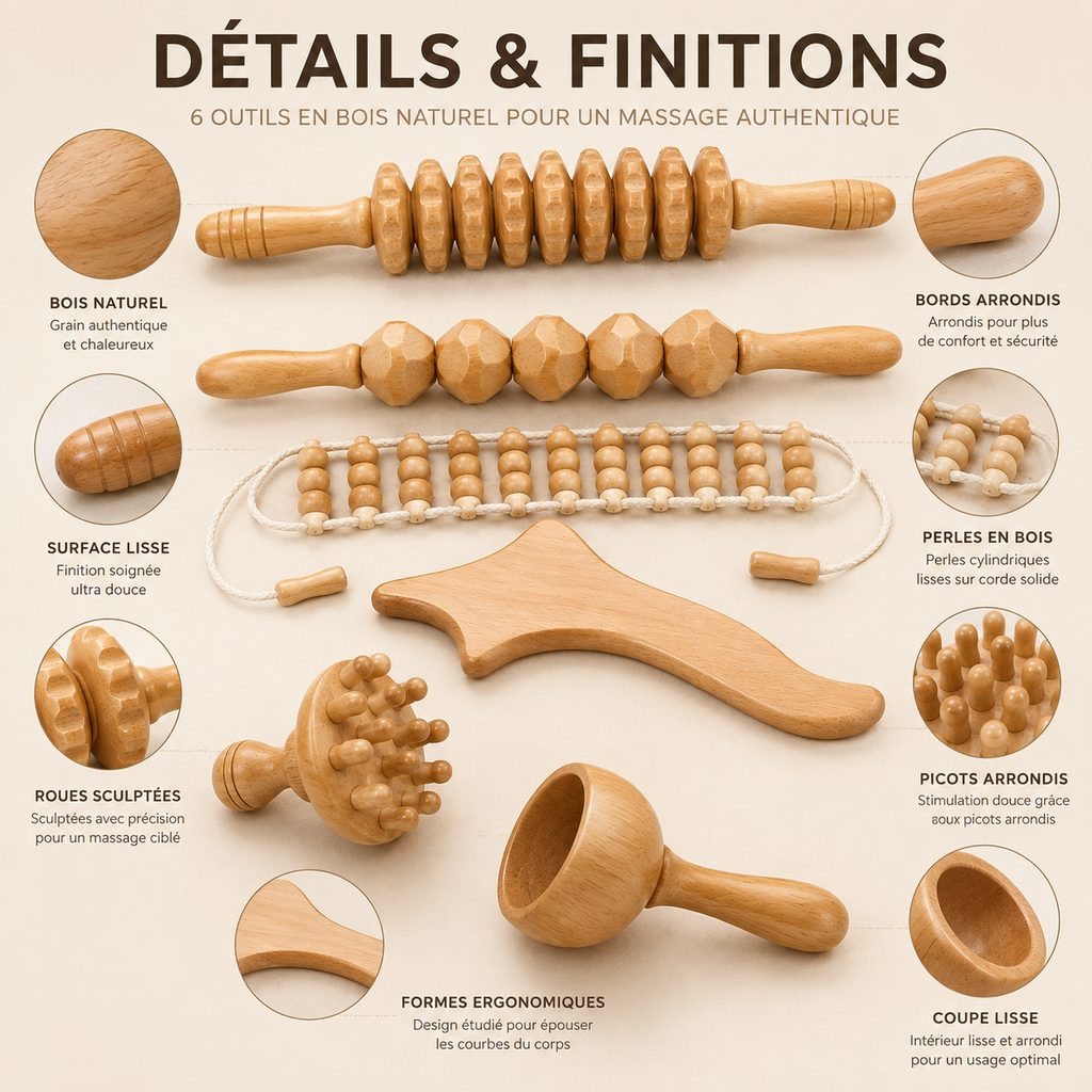 Kit Professionnel de Madérothérapie en Bois – 6 Pièces pour Massage & Modelage Corporel