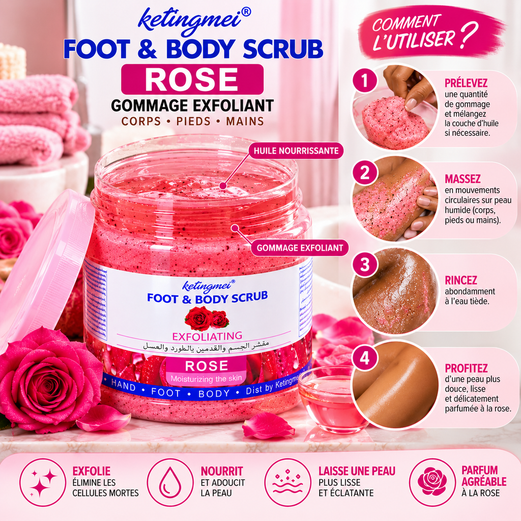 Ketingmei Foot & Body Scrub Rose – Gommage Exfoliant Corps, Pieds & Mains