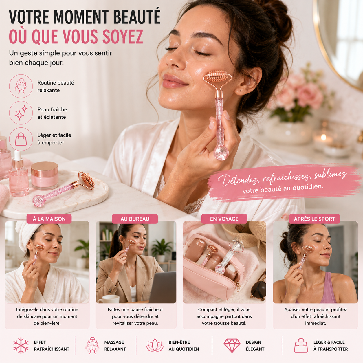 Rouleau de Massage Facial 2-en-1 avec Bille Rafraîchissante pour le Contour des Yeux