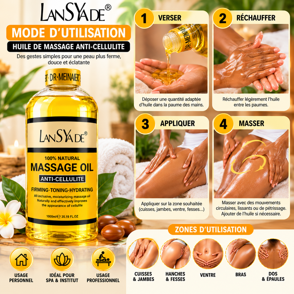 LANSYADE Huile de Massage Corps Anti-Cellulite 1000 ml – Raffermissante & Hydratante