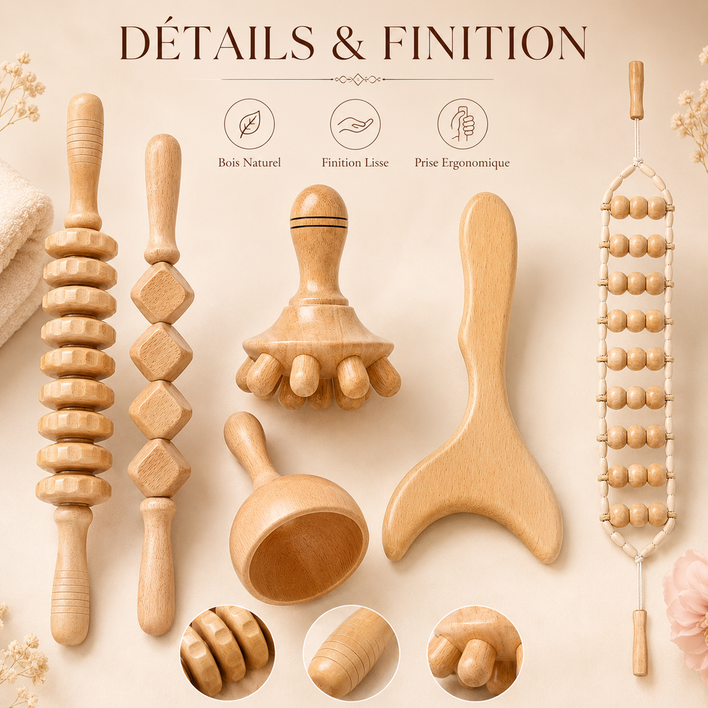 Kit Professionnel de Madérothérapie en Bois de Hêtre – 6 Pièces pour Massage & Modelage Corporel