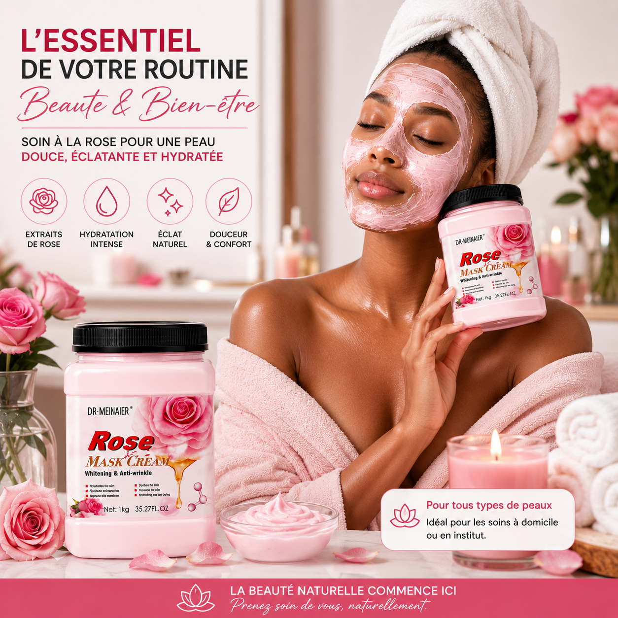 Dr.Meinaier Rose Mask Cream – Masque Visage Hydratant & Nourrissant à la Rose – 1 kg