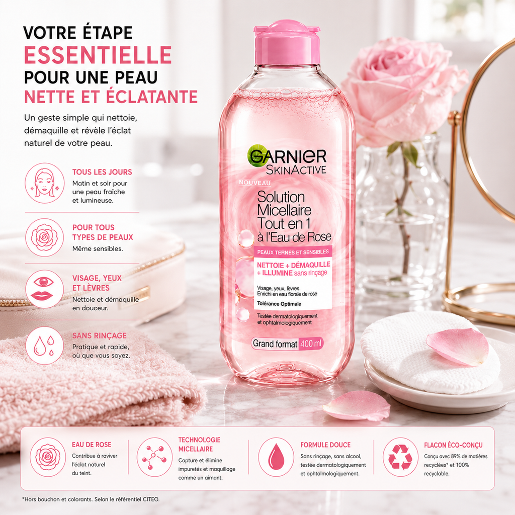 Garnier SkinActive Solution Micellaire Tout-en-1 à l’Eau de Rose – 400 ml
