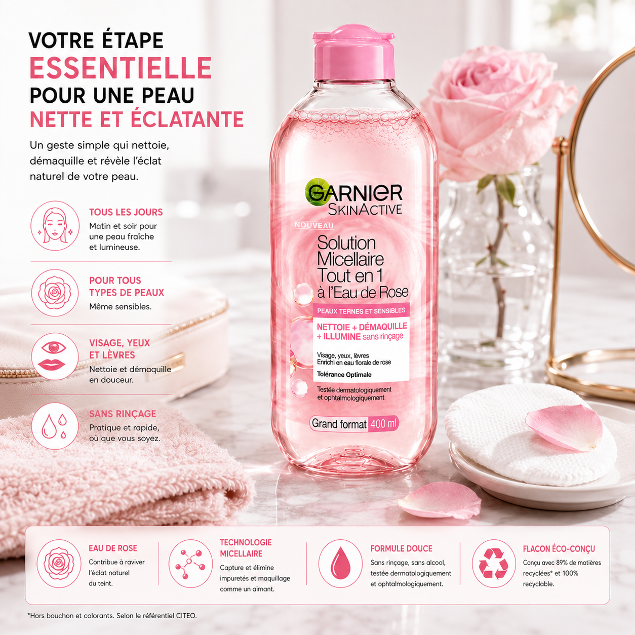 Garnier SkinActive Solution Micellaire Tout-en-1 à l’Eau de Rose – 400 ml