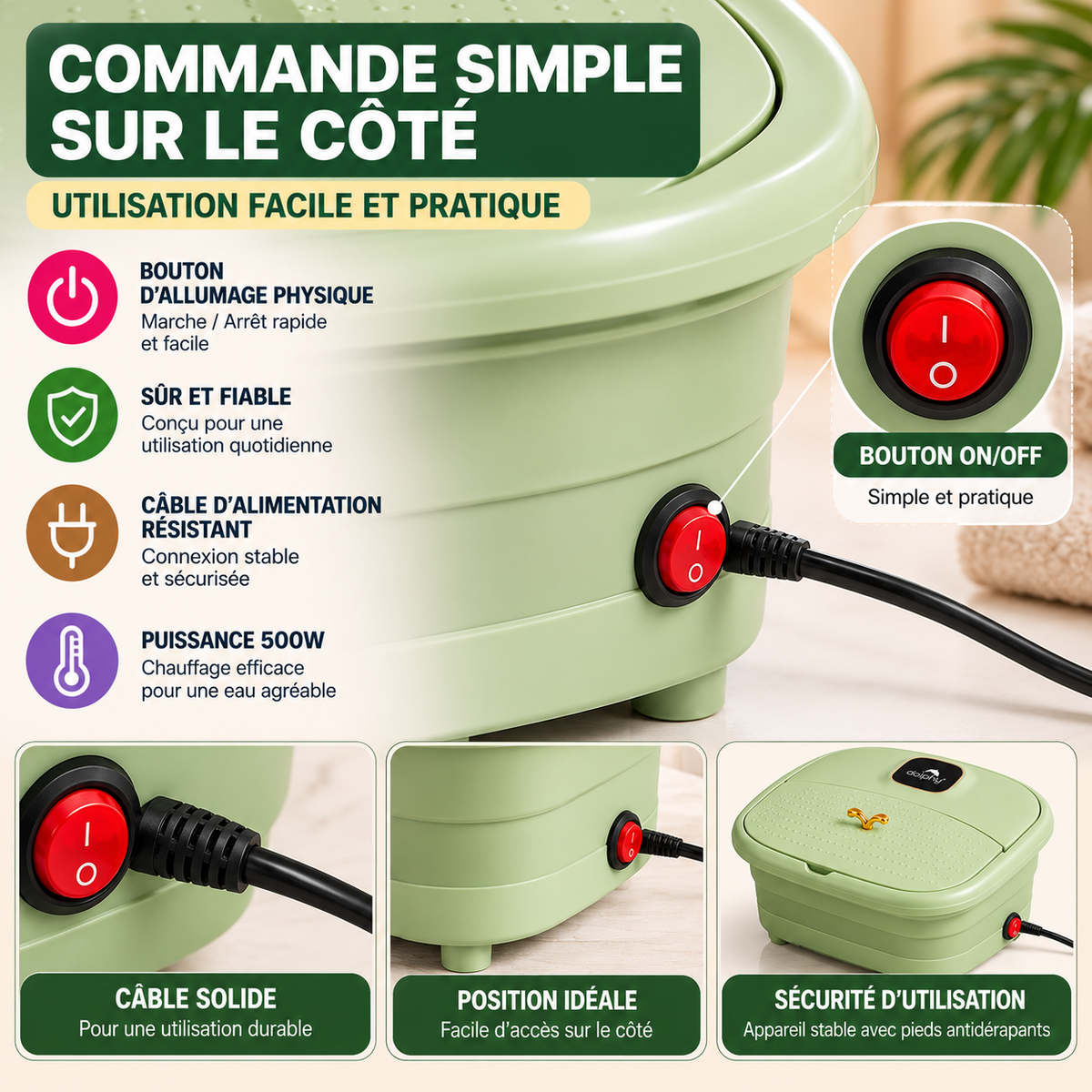 Bain de Pieds Électrique Pliable 10L – Spa Chauffant 500W avec Bulles et Rouleaux de Massage – Vert Sauge