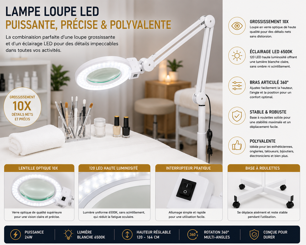 Lampe Loupe LED Professionnelle sur Pied à Roulettes – Grossissement jusqu’à 10X pour Esthétique et Soins