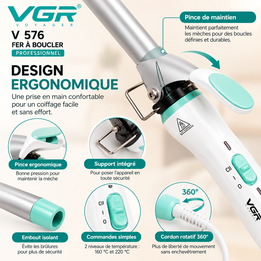 VGR V-576 – Fer À Boucler Professionnel Céramique 10 mm, Boucles Serrées Et Définies, Chauffe Rapide PTC, 2 Températures Jusqu'à 220 °C – Blanc
