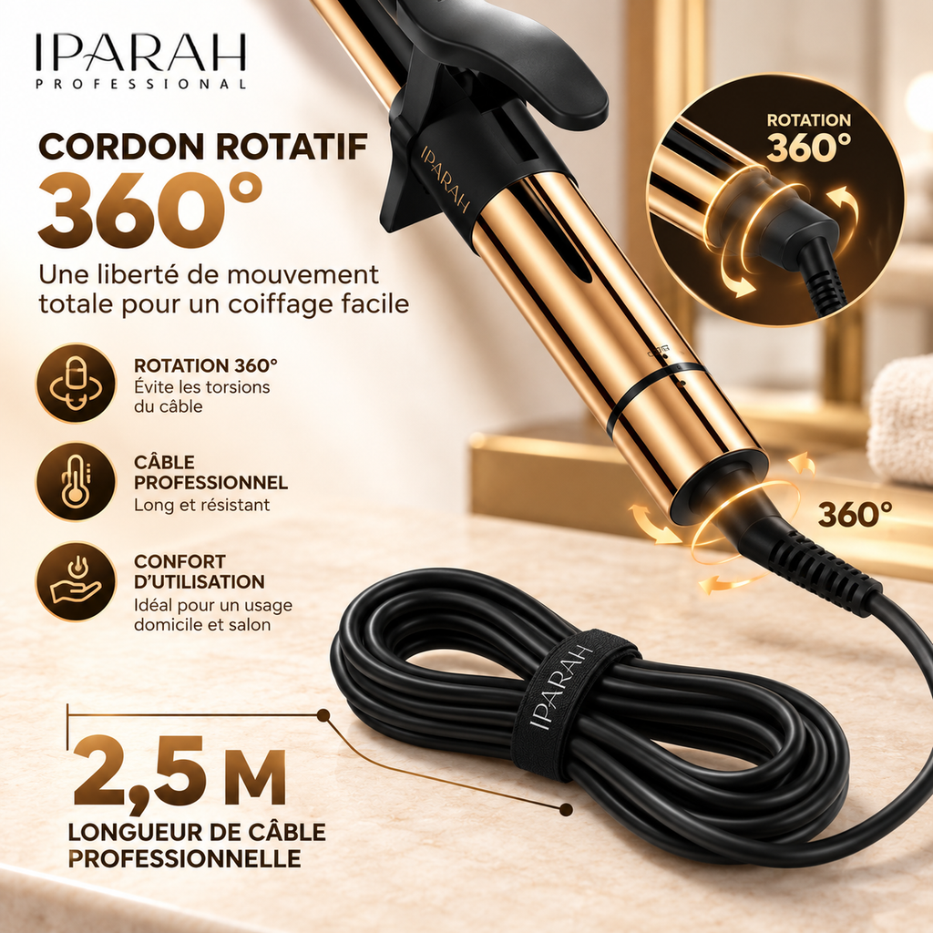 IPARAH P-210B – Fer à Boucler Professionnel 25 mm Ionique – Revêtement Céramique, Double Chauffe PTC, 65 W, Température Réglable 80–230 °C – Noir & Or