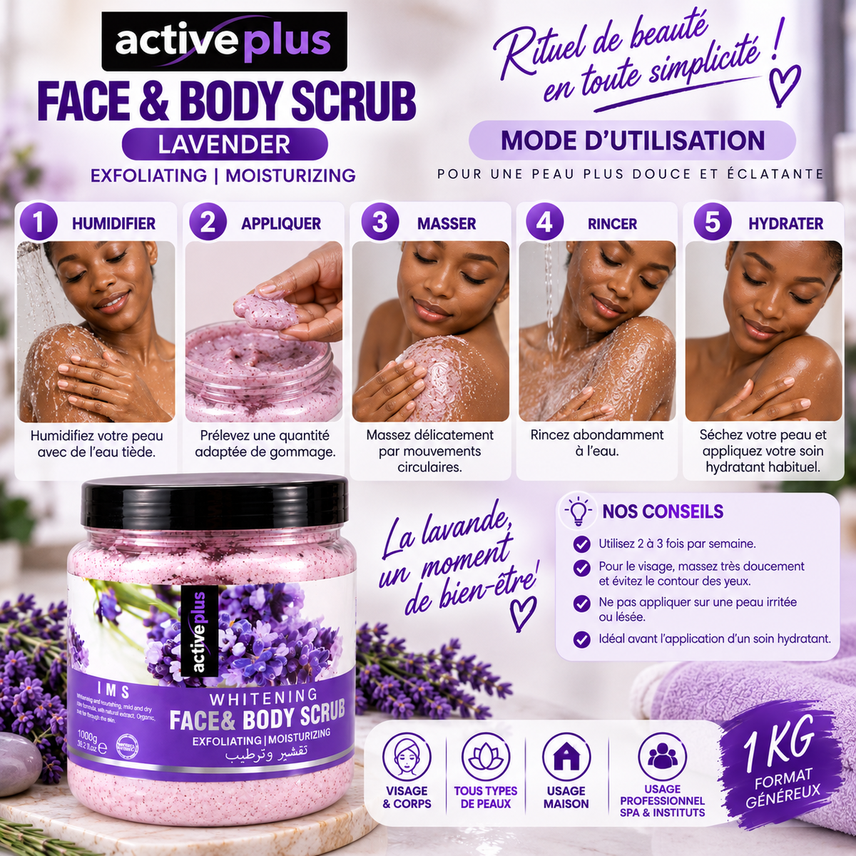 ActivePlus Gommage Visage & Corps à la Lavande 1 kg – Face & Body Scrub Exfoliant